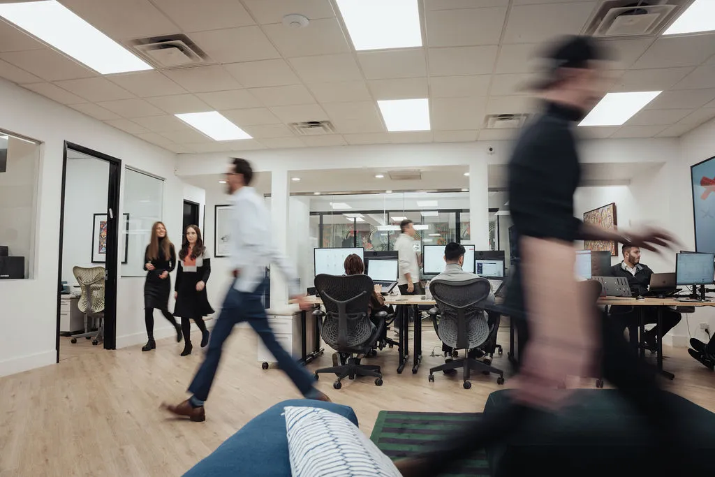 Team in motion across the open floor