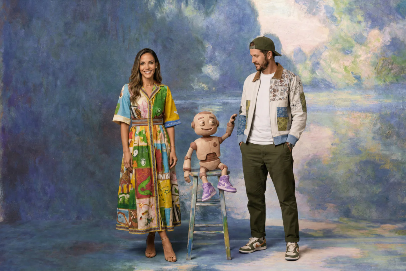 Esther Nadoff and Isaac Rudansky with the clay robot on a stool, in front of a painted Monet backdrop
