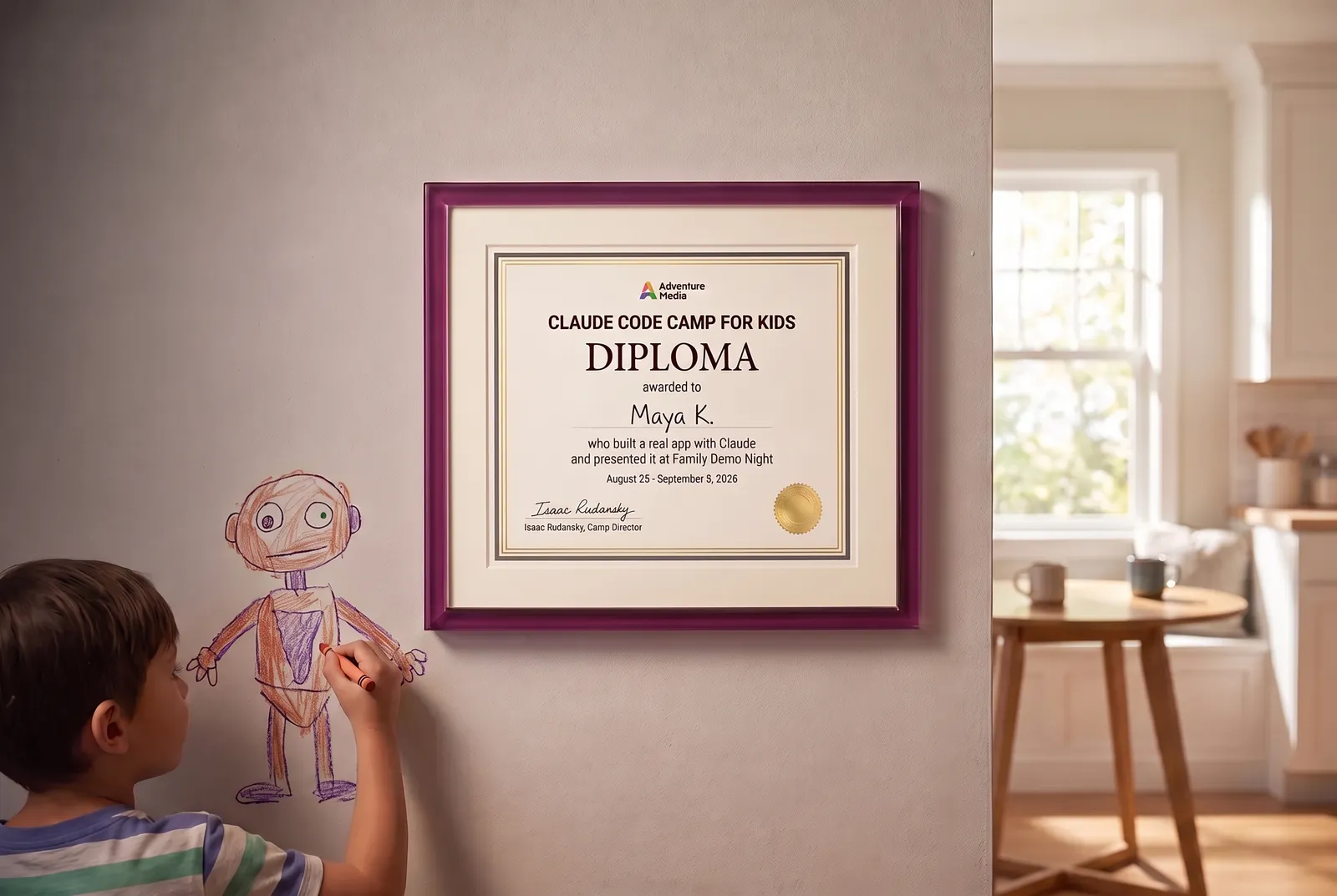 A framed Claude Code Camp diploma on a home wall while a young camper draws a crayon Claude bot beside it, a sunlit breakfast nook to the right