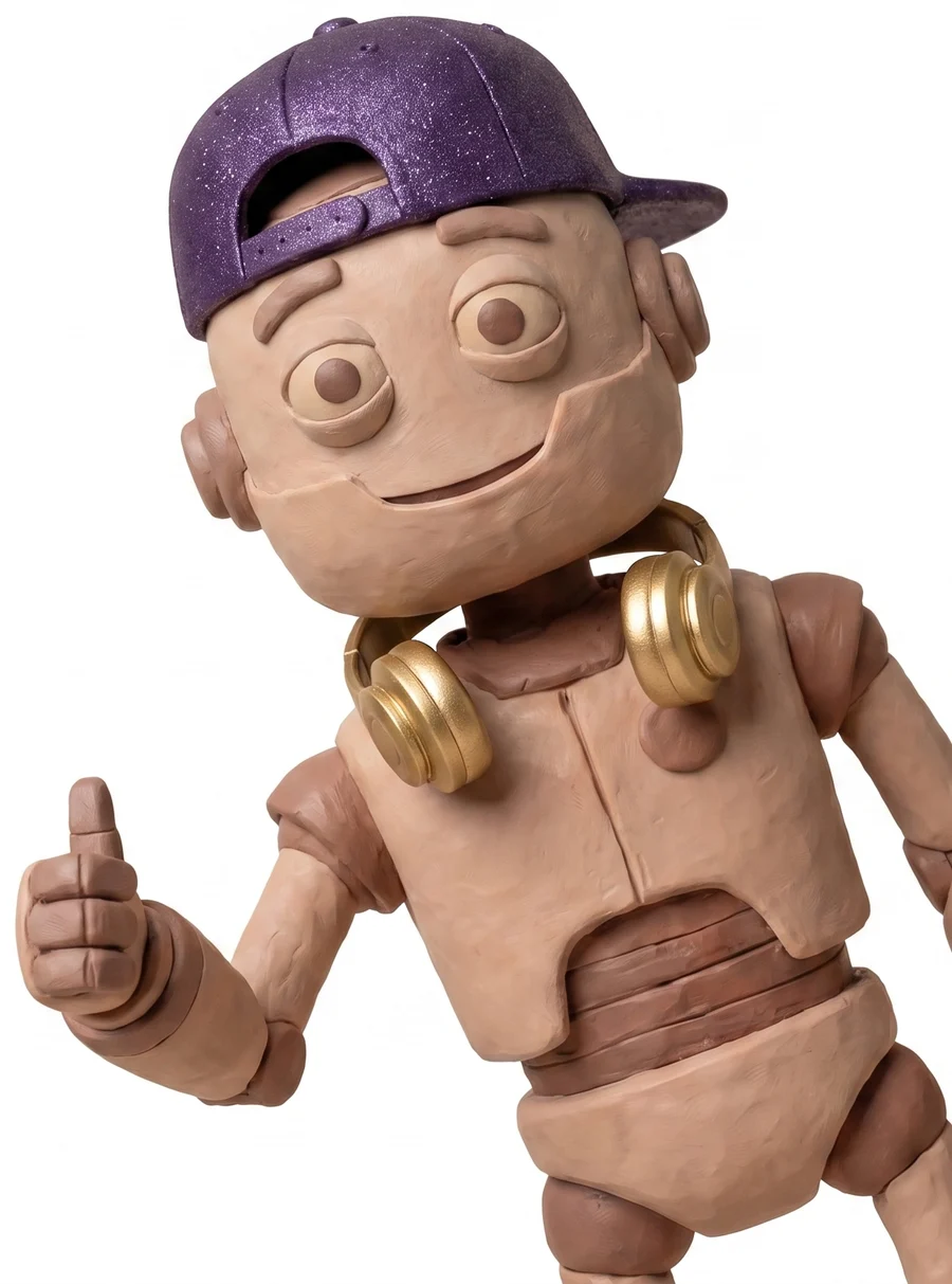 The camp mascot, a clay robot in a backwards cap and headphones