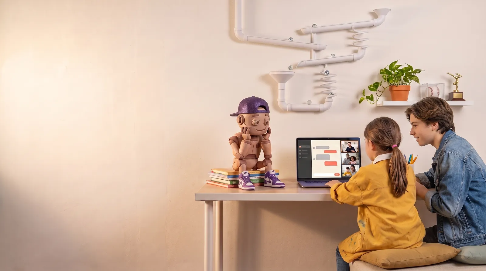 A teen and a younger kid at a laptop in a live Claude Code Camp session, the AdVenture Media clay Claude mascot in a purple cap beside them and a trophy on the shelf
